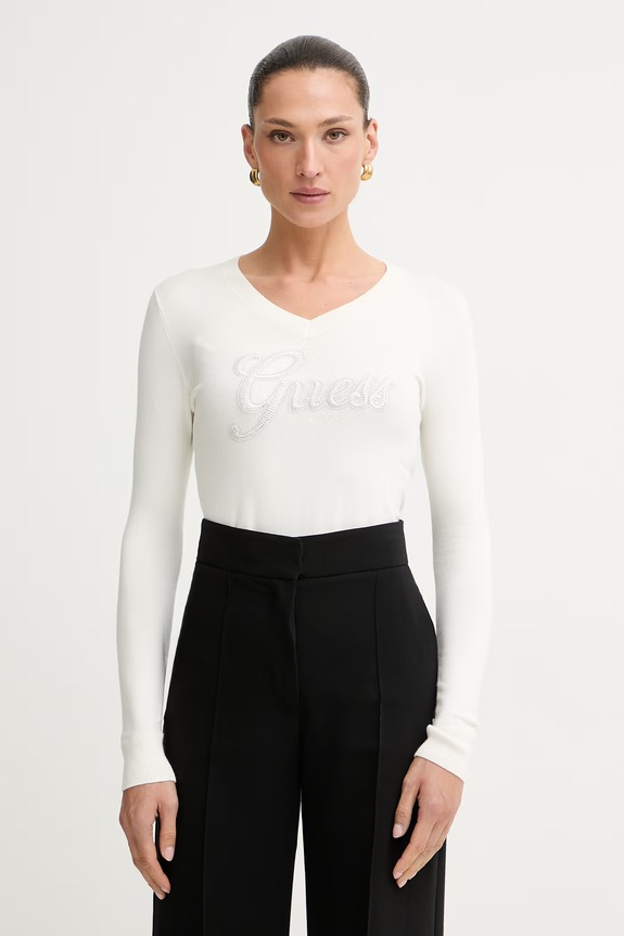 Guess πουλόβερ γυναικείο με βισκόζη LENA μπεζ W6YR29.Z0977