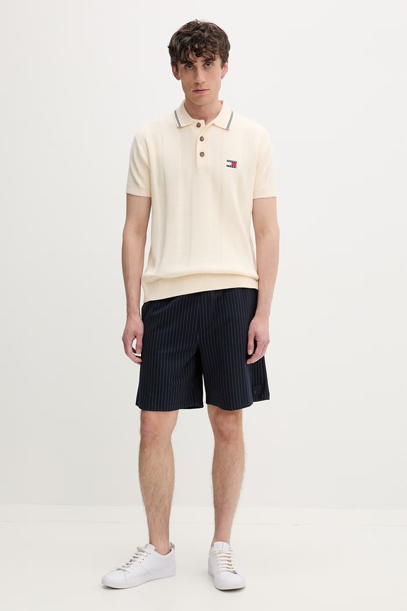 Tommy Jeans πλεκτό μπλουζάκι πόλο ανδρικό βαμβακερό DM0DM23208 μπεζ AW26
