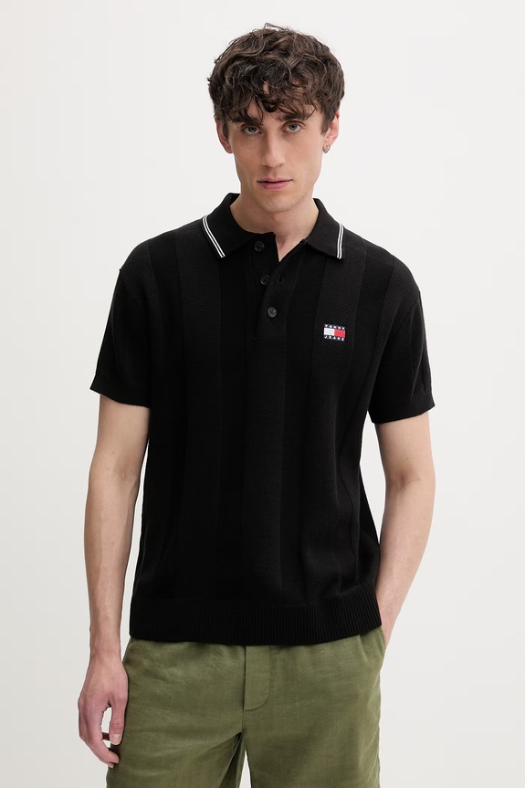 Tommy Jeans πλεκτό μπλουζάκι πόλο ανδρικό βαμβακερό μαύρο DM0DM23208