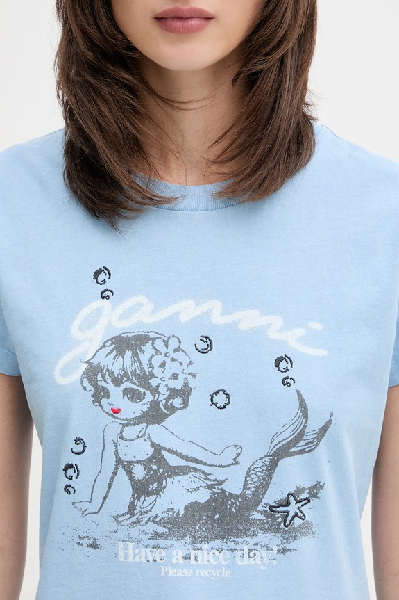 GANNI T-shirt bawełniany damski niebieski A1050239