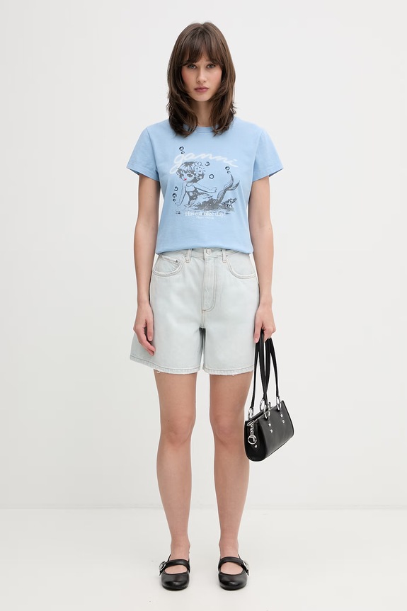 GANNI T-shirt bawełniany damski A1050239 niebieski