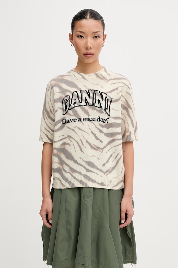 GANNI T-shirt damski z wełną beżowy A1050227