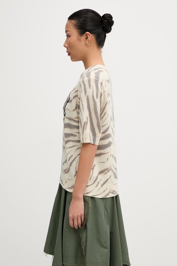 GANNI T-shirt damski z wełną A1050227 beżowy AW26