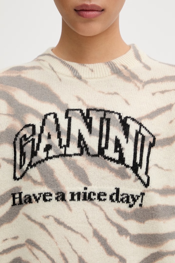 GANNI T-shirt damski z wełną beżowy A1050227