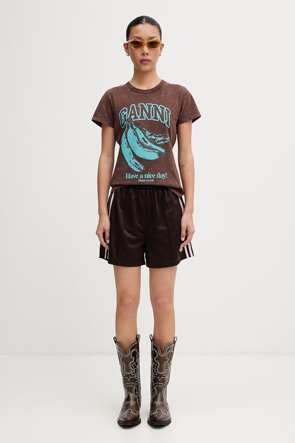 GANNI T-shirt bawełniany damski A1050204 brązowy