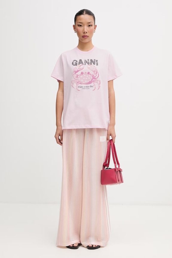 GANNI T-shirt bawełniany damski A1050197 różowy