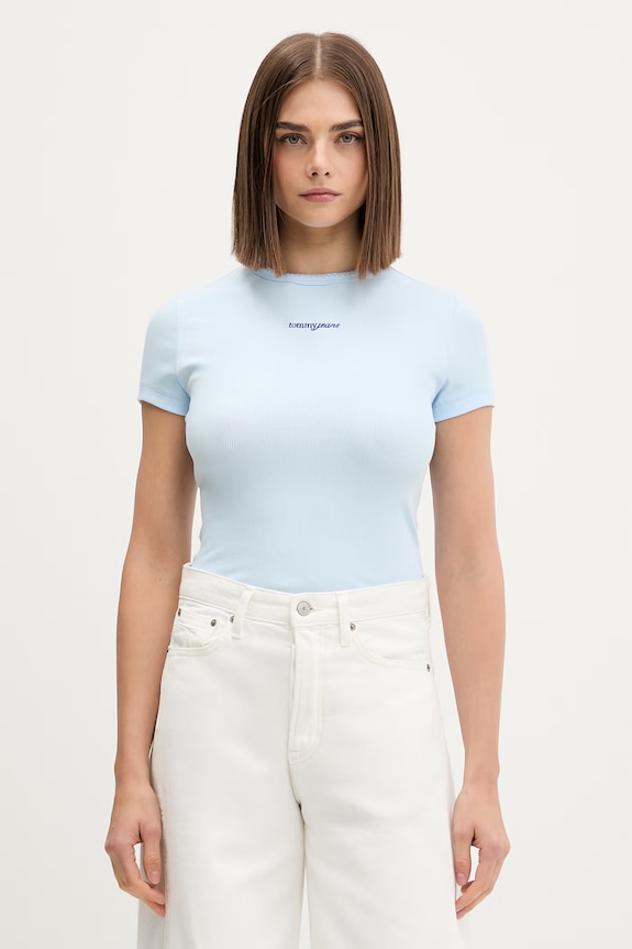 Tommy Jeans tricou pentru femei, din bumbac cu elastan albastru DW0DW22809