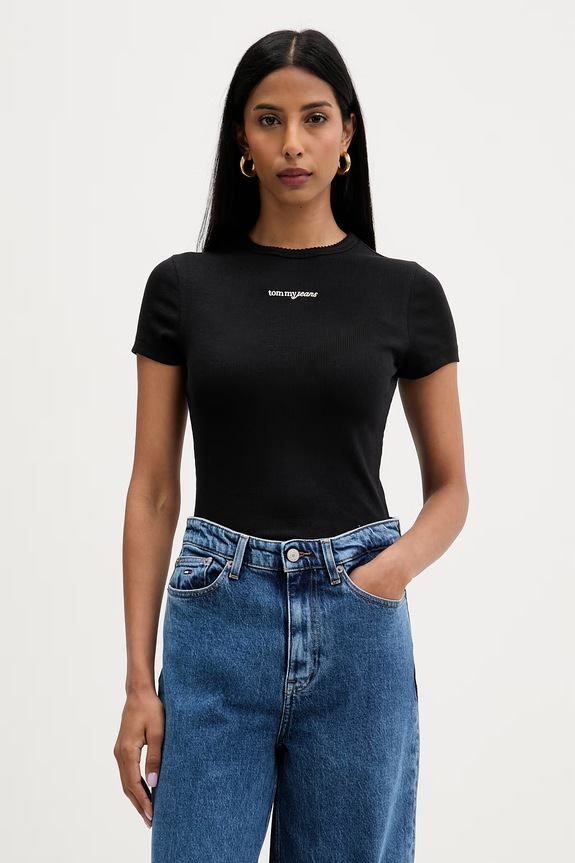 Tommy Jeans t-shirt γυναικείο βαμβακερό με ελαστάν μαύρο DW0DW22809
