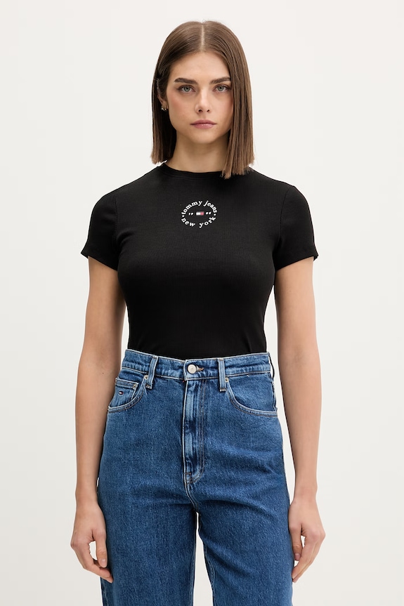 Tommy Jeans tricou pentru femei, din bumbac cu elastan negru DW0DW22807