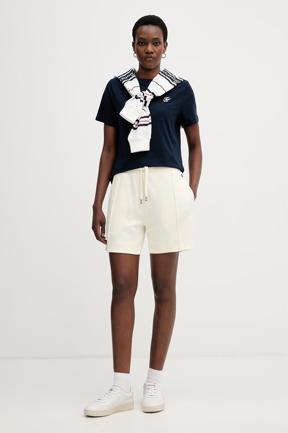 Tommy Hilfiger kratka majica ženska z bombažem WW0WW49941 mornarsko modra AW26