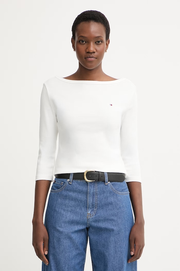 Tommy Hilfiger longsleeve pentru femei din bumbac alb WW0WW49928