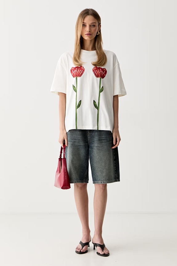 Farm Rio T-shirt damski bawełniany 356426 beżowy AW26