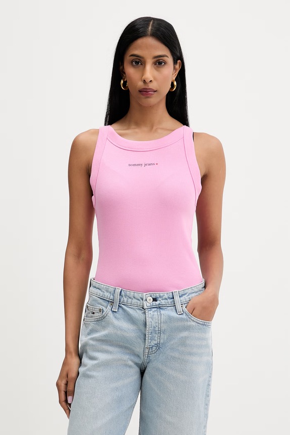 Tommy Jeans crop top Γυναικείο βαμβακερό με ελαστάνη ροζ DW0DW22806