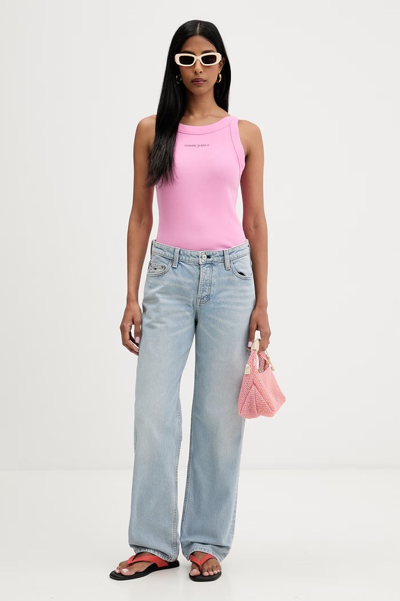 Tommy Jeans crop top Γυναικείο βαμβακερό με ελαστάνη DW0DW22806 ροζ AW26
