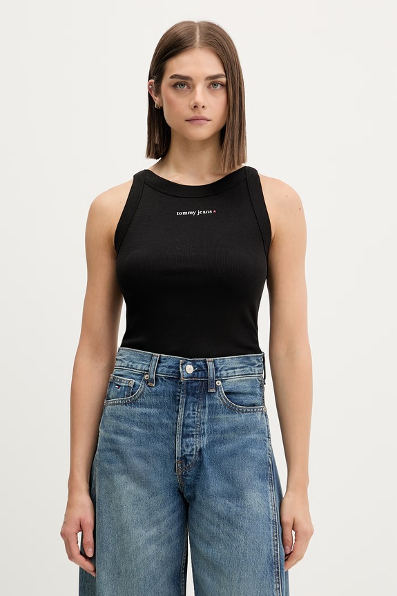 Tommy Jeans crop top pentru femei, din bumbac cu elastan negru DW0DW22806