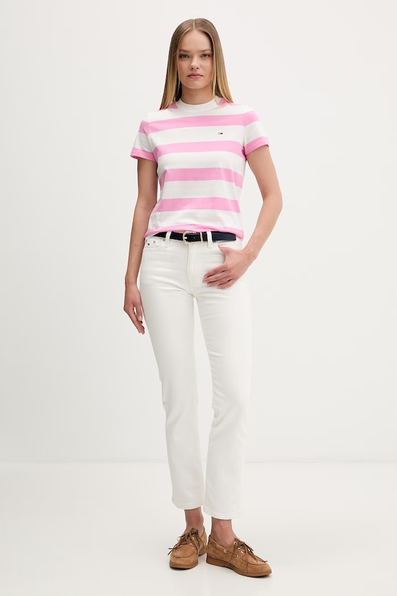 Tommy Jeans T-shirt damski bawełniany DW0DW23801 różowy AW26