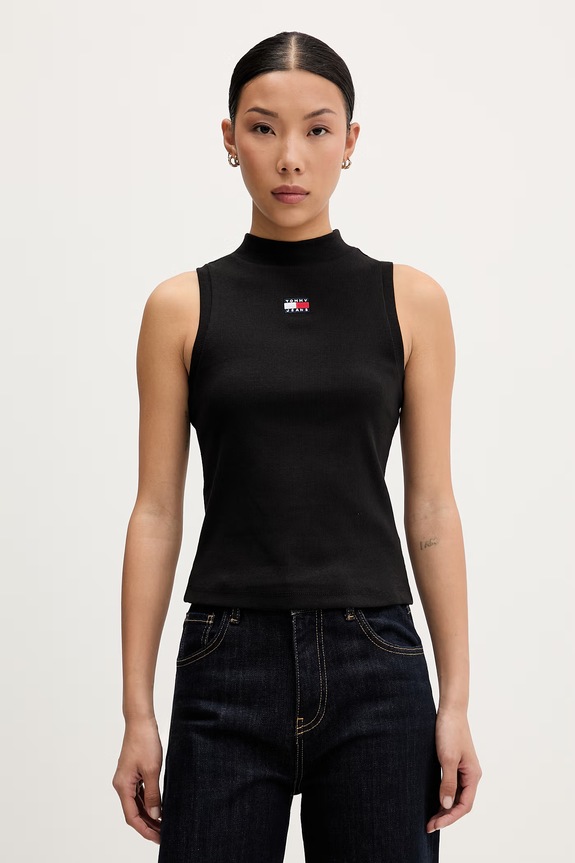 Tommy Jeans top pentru femei, din bumbac cu elastan negru DW0DW23478