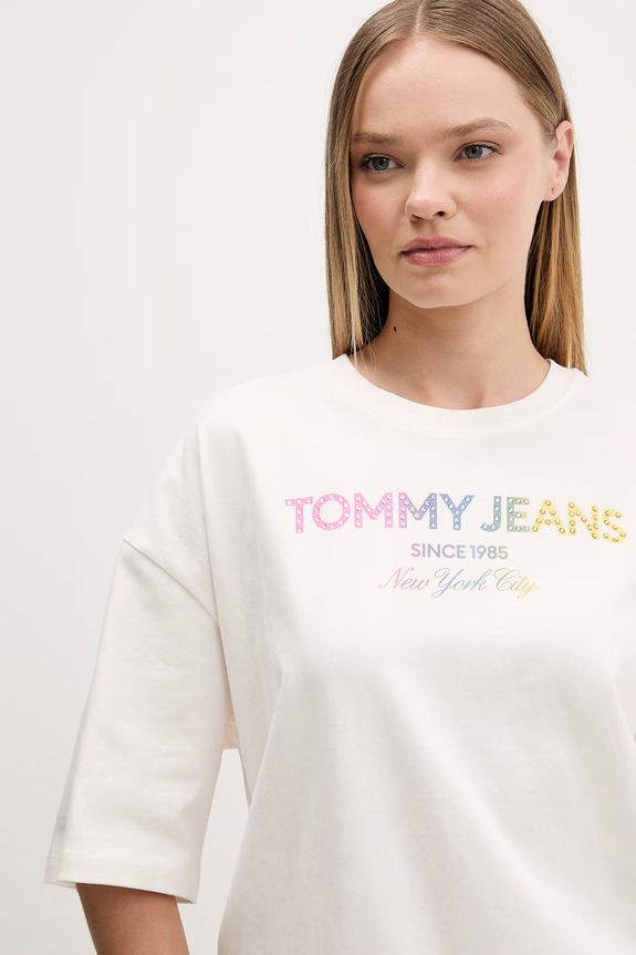 Tommy Jeans T-shirt damski bawełniany beżowy DW0DW22803