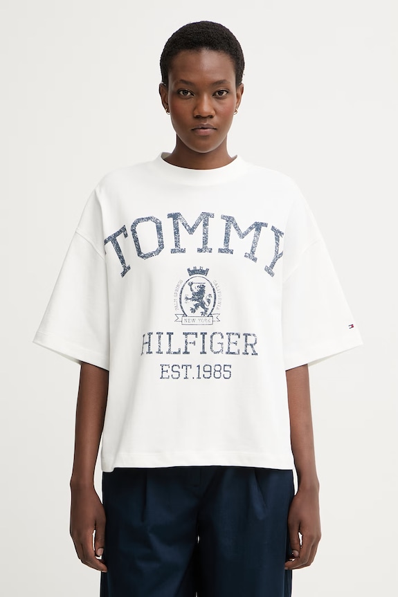 Tommy Hilfiger oversize majica kratkih rukava ženska pamučna bež WW0WW50940