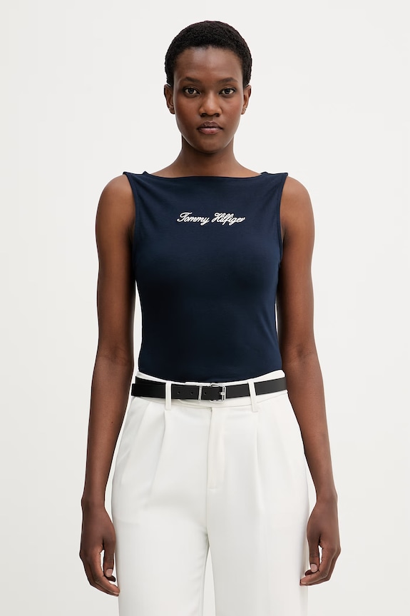 Tommy Hilfiger top ženski bombažni z elastanom mornarsko modra WW0WW50947