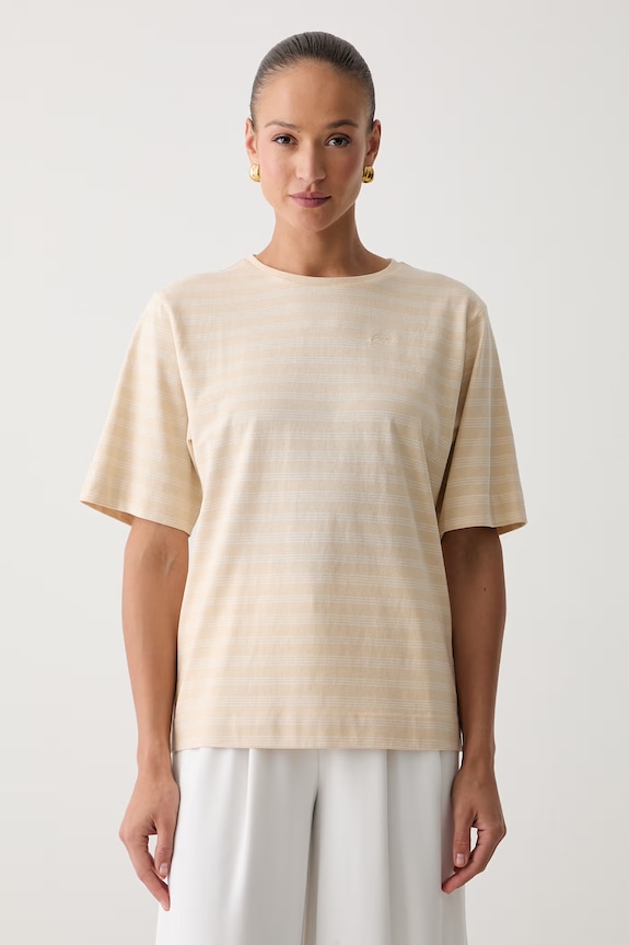 BOSS Orange T-shirt oversize damski bawełniany C_Eregular_stripe_1 beżowy 50567124