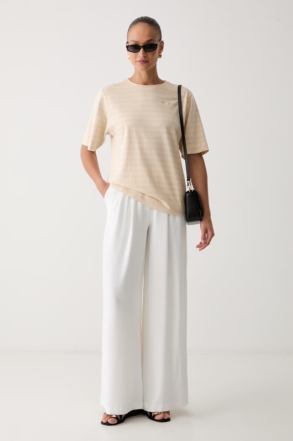 BOSS Orange T-shirt oversize damski bawełniany C_Eregular_stripe_1 50567124 beżowy AW26