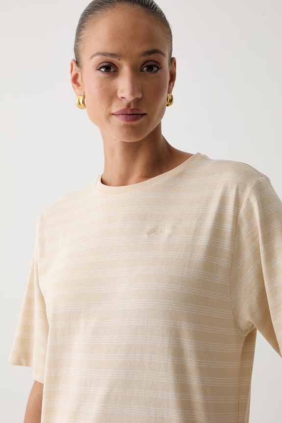 BOSS Orange T-shirt oversize damski bawełniany C_Eregular_stripe_1 beżowy 50567124