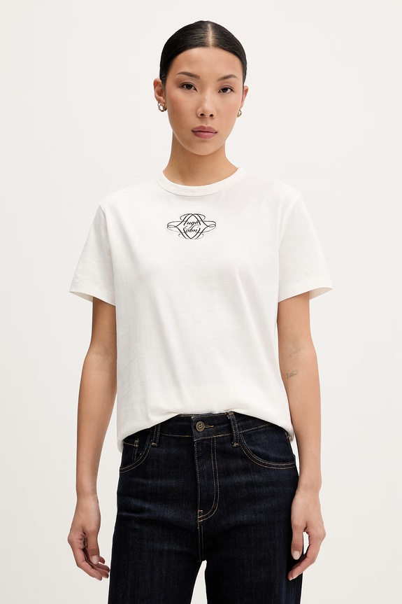 HUGO T-shirt damski bawełniany Damacia_8 beżowy 50573353