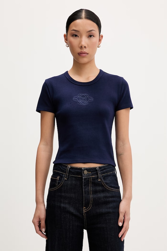 HUGO crop top damski z bawełną Delanor_4 granatowy 50570857