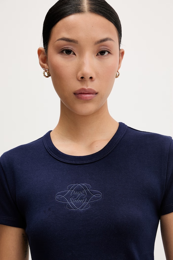 HUGO crop top damski z bawełną Delanor_4 granatowy 50570857