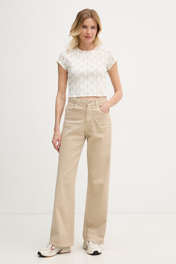 Calvin Klein Jeans Crop top damski bawełniany z elastanem LV047G830G beżowy AW26