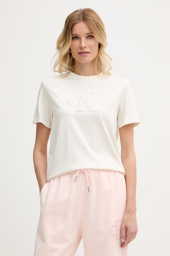 Calvin Klein Jeans T-shirt damski bawełniany beżowy LV047G829G