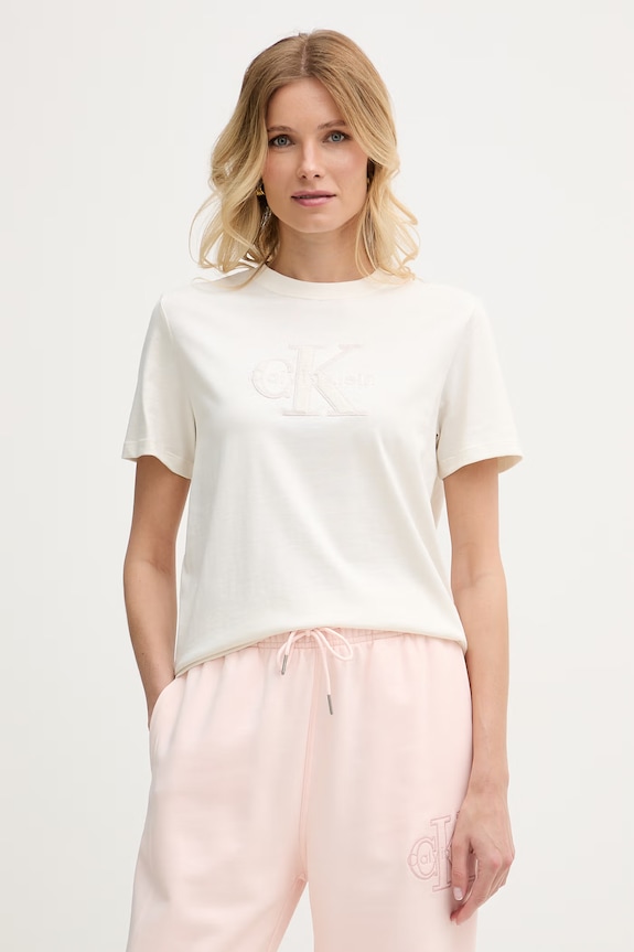 Calvin Klein Jeans T-shirt damski bawełniany beżowy LV047G829G