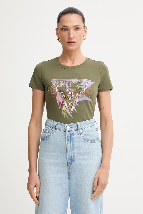 Guess t-shirt γυναικείο βαμβακερό με ελαστάν PALM πράσινο W6YI26.K4345