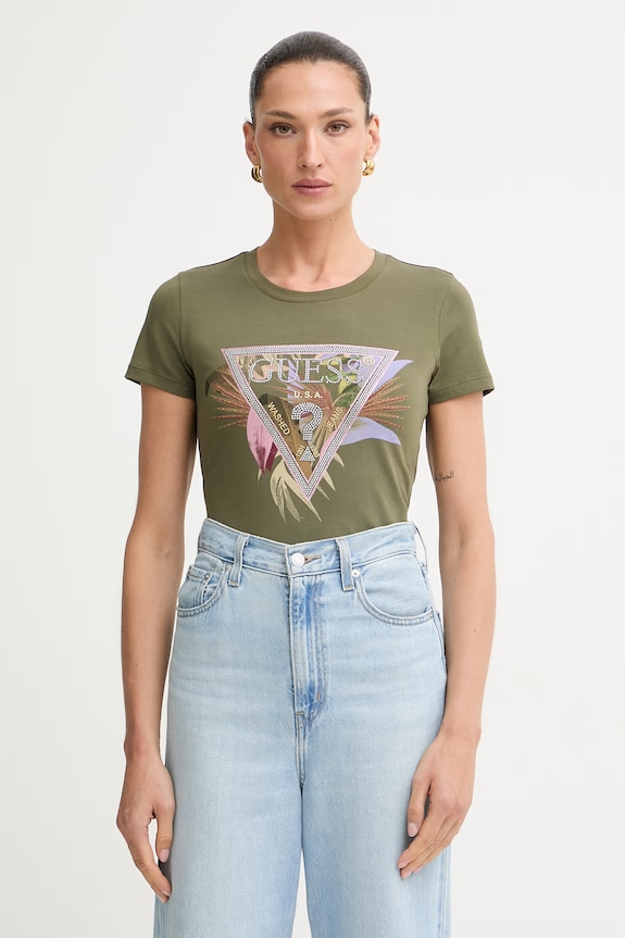 Guess t-shirt γυναικείο βαμβακερό με ελαστάν PALM πράσινο W6YI26.K4345