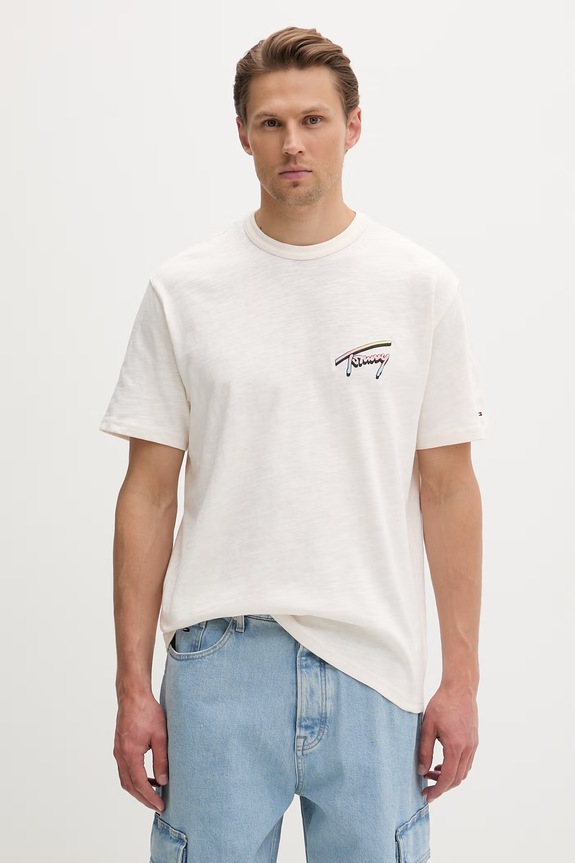 Odzież Tommy Jeans T-shirt męski bawełniany DM0DM23190 beżowy