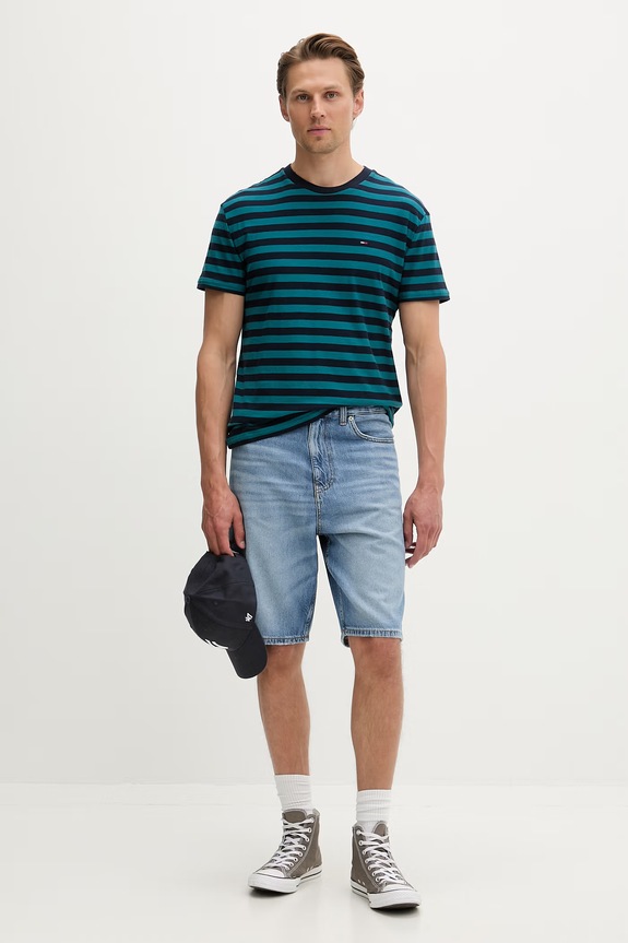 Tommy Jeans T-shirt męski bawełniany DM0DM23169 turkusowy AW26