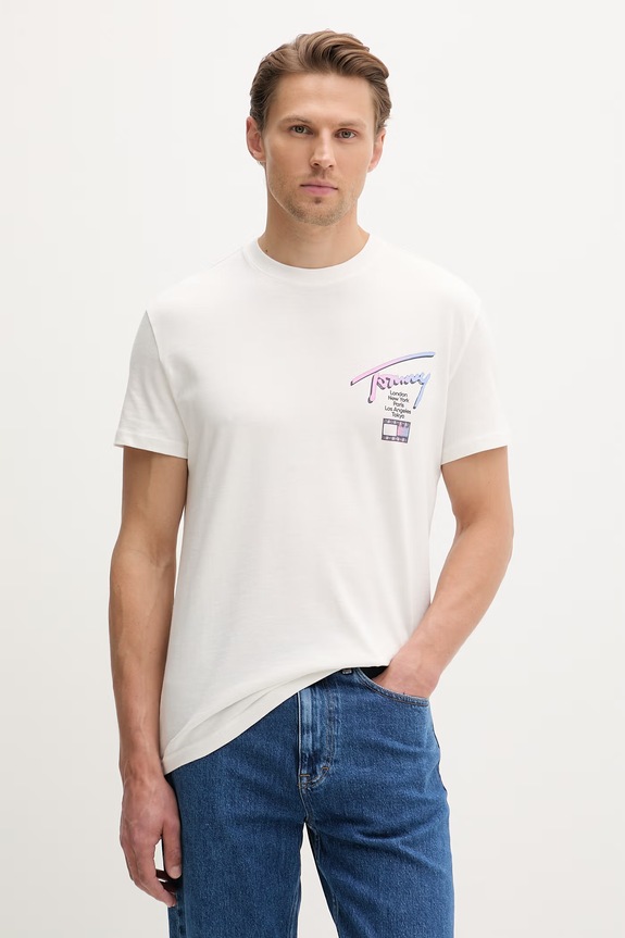 Odzież Tommy Jeans T-shirt męski bawełniany DM0DM23253 beżowy