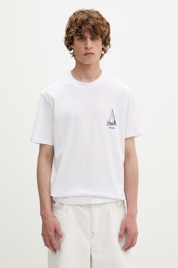 Ρούχα HUGO t-shirt ανδρικό βαμβακερό Disail 50566029 λευκό