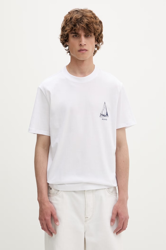 Ρούχα HUGO t-shirt ανδρικό βαμβακερό Disail 50566029 λευκό