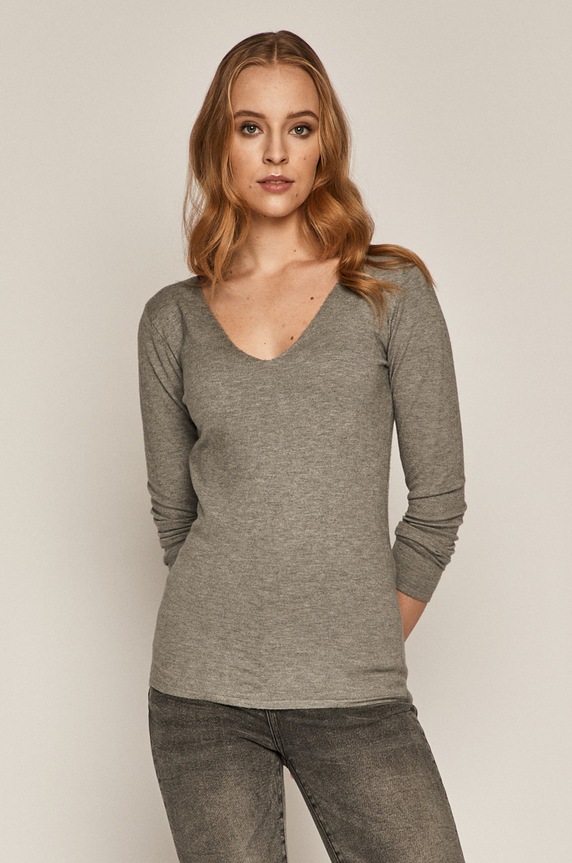 Sweter damski z dekoltem z gładkiej dzianiny szary szary RS21.SWD040
