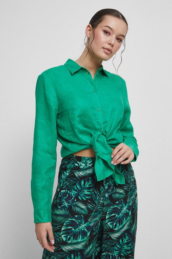 Koszula lniana damska gładka kolor zielony RS23.KDD902 zielony