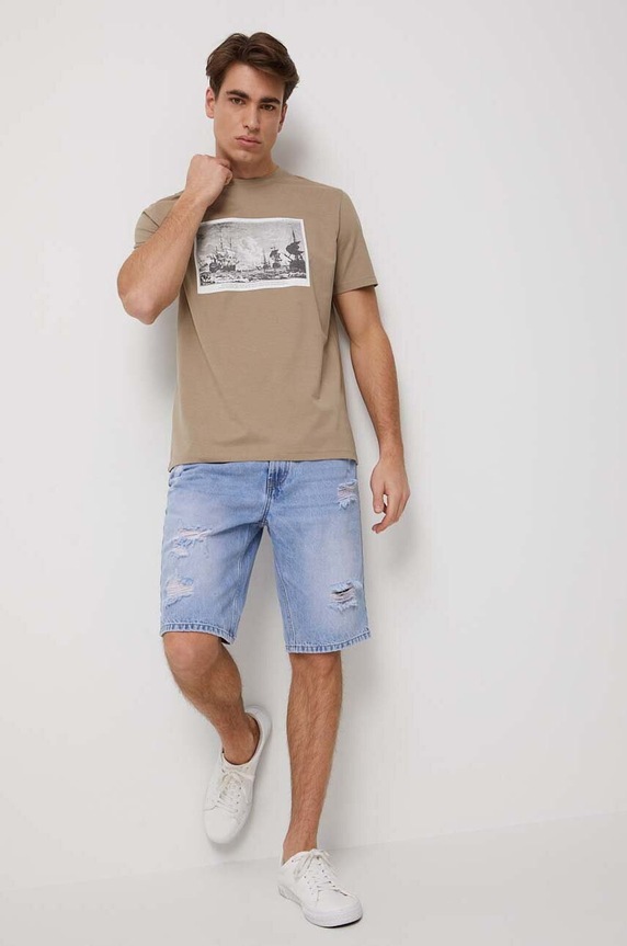 T-shirt bawełniany męski z nadrukiem kolor beżowy okrągły beżowy RS23.TSM807