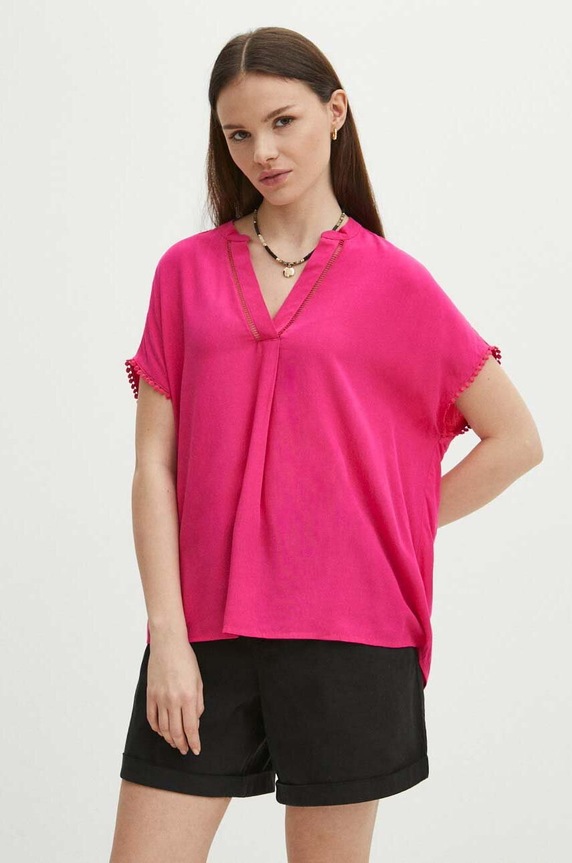 Bluzka damska regular z wiskozy kolor różowy casual różowy RS24-BKD800