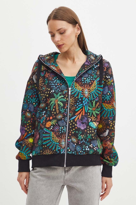 Bluza damska z kapturem wzorzysta kolor czarny z elastanem czarny RS24-BLDA03