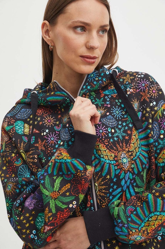 Bluza damska z kapturem wzorzysta kolor czarny czarny RS24-BLDA03