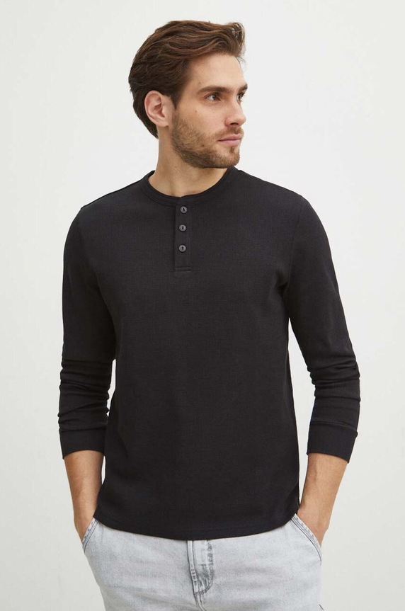 Longsleeve bawełniany męski z fakturą kolor czarny bawełna czarny RS24-BUM501