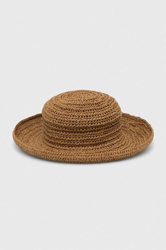 Kapelusz damski pleciony typu bucket hat kolor beżowy aplikacja beżowy RS24-CAD711