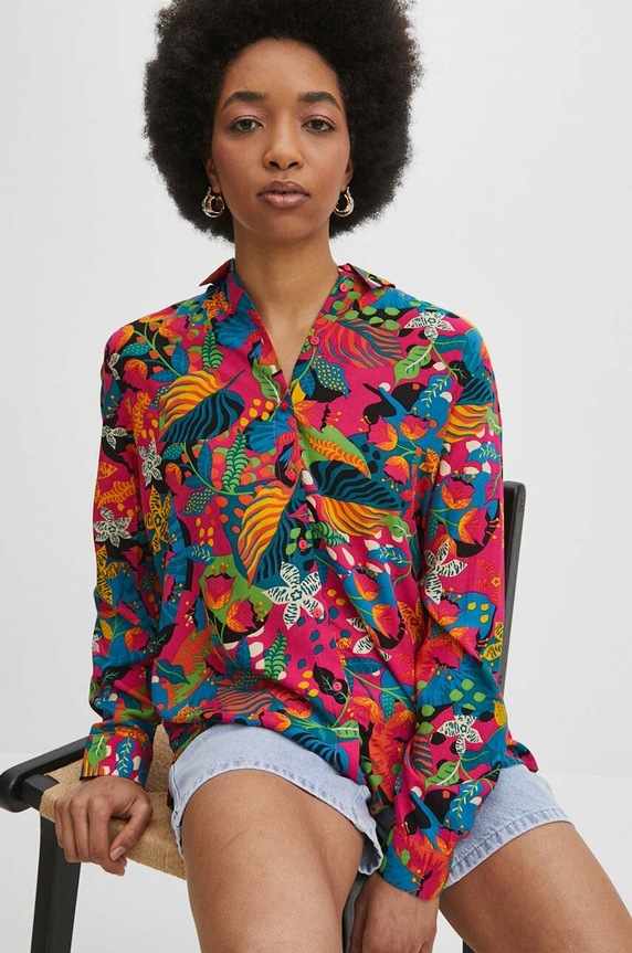 Koszula damska regular wzorzysta kolor różowy różowy RS24-KDD071