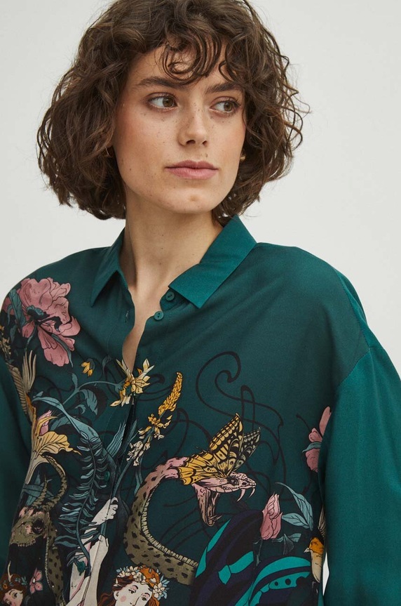 Koszula damska oversize z wiskozy kolor zielony turkusowy RS24.KDD401